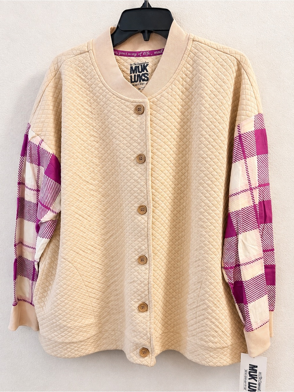 Muk Luks Cream Quilted Button-Front Cardigan with Pink Plaid Sleeves